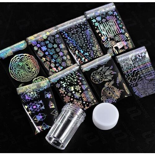 8Pcs/Set Nail Foils laser Silver Holo Starry Series Flower Catch Dream 3D ImageTransfer Sticker Manicure Nail Art Decorations