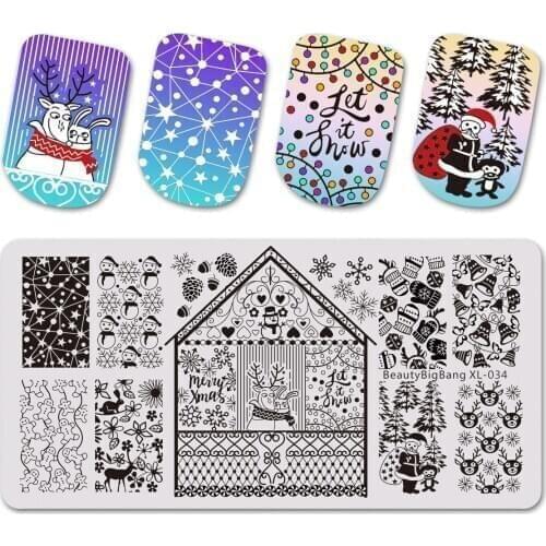 BEAUTYBIGBANG Christmas Rectangle Nail Stamping Plate Snow Xmas Design Nail Template Manicure Nail Art Stencil Stamping Tools