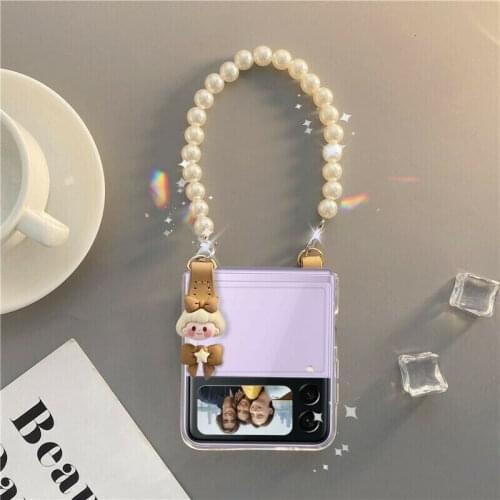 Creativity DIY 3D Doll Pearl Bracelet Chain Case For Samsung Galaxy Z Flip/ Flip 3 Shockproof Clear CASE COVER
