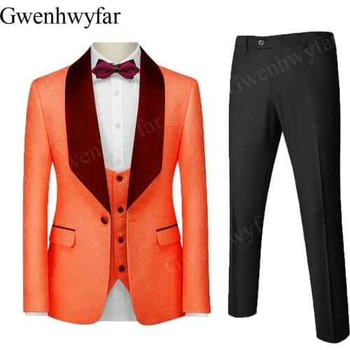 Gwenhwyfar Black lapel Design Orange red Paisley Groom Tuxedos Custom Best Man Suits For Wedding Cool Mens Evening Party Suits