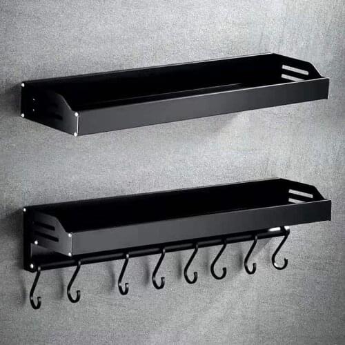 Black Wall Mounted Kitchen Racks with Hooks Space Aluminum Storage Shelf Kitchen Appliances Spice Rack Kitchen Rack Organizer