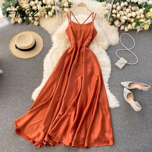French Satin Dress Women Slim A Line Backless Bandage Boho Sexy Dresses Woman Elegnat Party Long Robe Vestidos De Mujer
