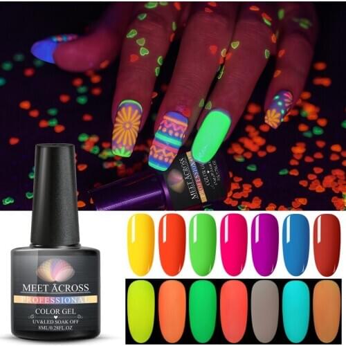 MEET ACROSS Luminous Neon Nude Pink Gel Nail Polish Fluorescent Colorful Gel varnish Glow In The Dark Soak Off UV Gel Varnish