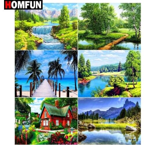 HOMFUN Full Diamond Embroidery "Tree lake mountain" Diamond Painting Cross Stitch Patterns Rhinestone Unfinished Home Decor