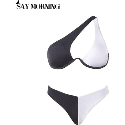 SAY MORNING Bikini Set Oblique Single Shoulder Strap Chest U-Shaped Opening Stitching Contrast Color Womens Swimwear Swimsuit