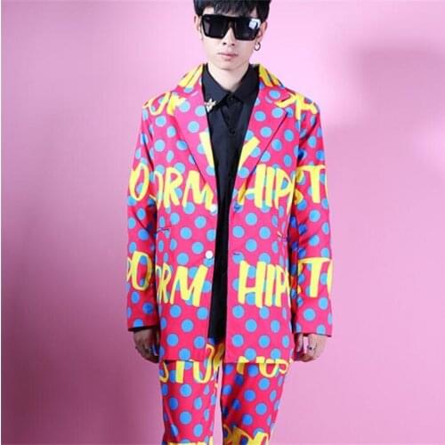 Blazer men suit set with pants mens colorful dot alphabet doodle suits singer star style stage loose clothing formal dress b648