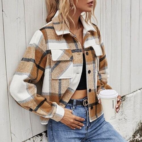 Plaid Women Jackets Coat Long Sleeve Casual Ladies Jacket Outwear Checkered Pockets Button Autumn Spring Female Tops Trendy 2021