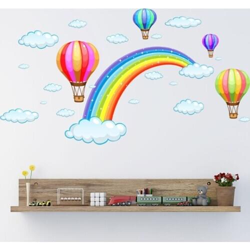 Cute Rainbow Cartoon Cloud Hot Air Balloon Wall Sticker for kid baby room Home decoration Mural Decals Flower stickers wallpaper