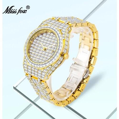 MISSFOX Hip Hop Gold Men Watches Top Brand Luxury Iced Out Quartz Wrist Watch Diamond Clock Streetwear Male Jewelry Reloj hombre