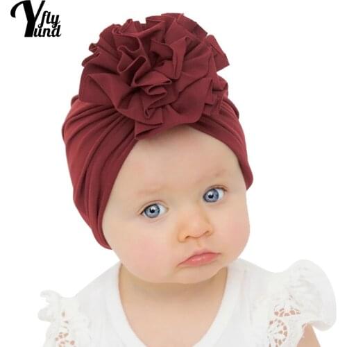 Yundfly Solid Color Handmade Flowers Baby Girls Turban Hat Fashion Soft Knitting Cotton Newborn Caps Kids Headwear Holiday Gifts