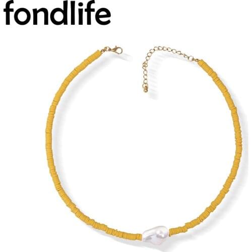 Soft Polymer Clay Heishi Beads Baroque pearl Choker Women Fresh Water Yellow Color Summer Beach Surfer Necklace Accessory Gift
