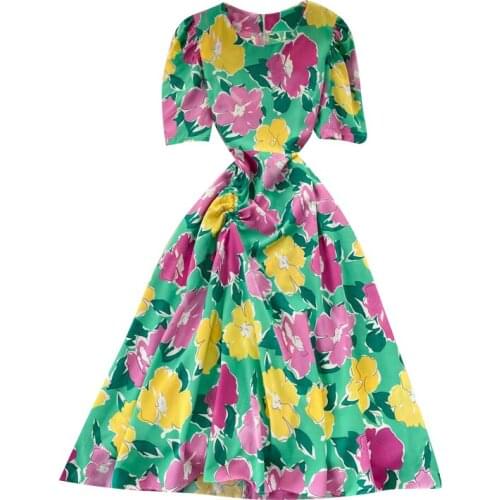 New Summer Women O-Neck Short Sleeve Fashion Shirring Slim Long Dress Sweet Floral Oil Painting Vacation Dress