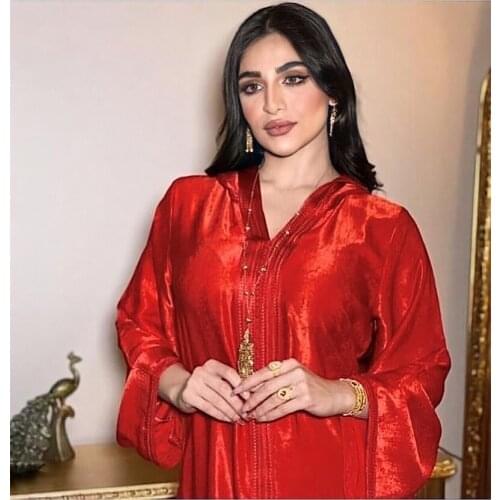 Modest Muslim Hooded Abaya Dress for Women Purple Ramadan Eid Moroccan Kaftan Robe Turkish Arabic Jalabiya champagne