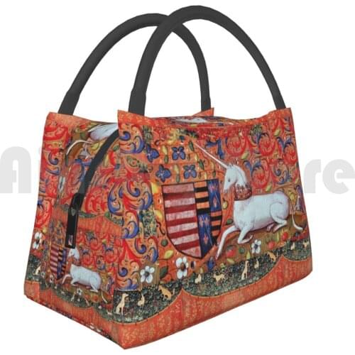 Cooler Lunch Bag Picnic Bag Unicorn , Fantasy Flowers , Animals Medieval Heraldic Motifs Unicorn Animals Floral Flower