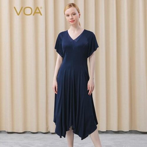 VOA 100% Silk 33 M/m Navy Double-sided Knitted Sleeve Slim Fit Skin-friendly V-neck Business Commuting Dresses for Women AE627