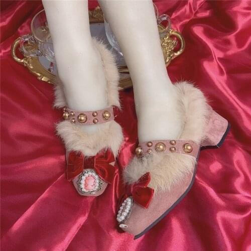 Womens Retro Bowknot Pearls Fur Mules Block Heel Shoes Belt Beads Warm Winter Lolita Sweet New 2022
