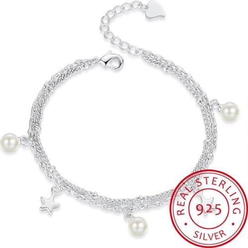 OL Simple 925 Sterling Silver Pearl Star Charm Bracelets For Women Valentines Gift Double Layer Chain pulseira S-B230