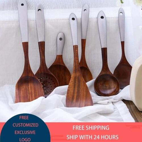1/7 Pcs Wooden Kitchen Utensils Set Appliances Special Non-Stick Set Pure Natural Teak Solid Wood Long Handle Shovel Tools