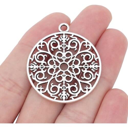 10 x Tibetan Silver Hollow Filigree Flower Round Charms Pendants for Necklace Jewelry Making 40x36mm