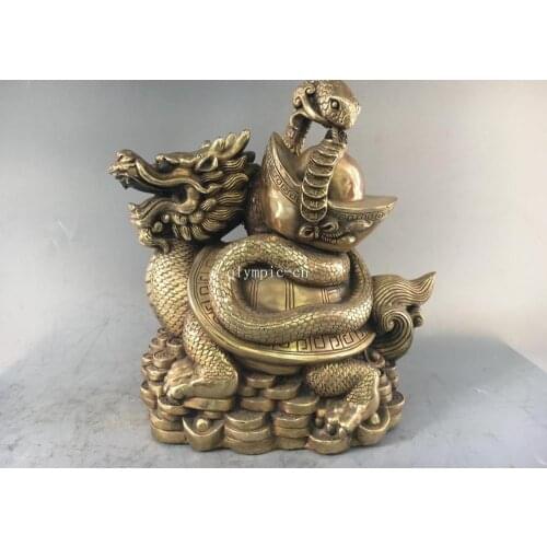 11''brass sculpture home fengshui auspicious animal Dragon Turtle treasure snake