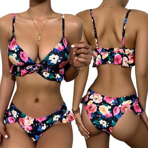 2 Pcs Women Sexy Bathing Suits, Adults Flower Print Spaghetti Strap Ruffle Padded Bikini Tops + Swimming Bottoms
