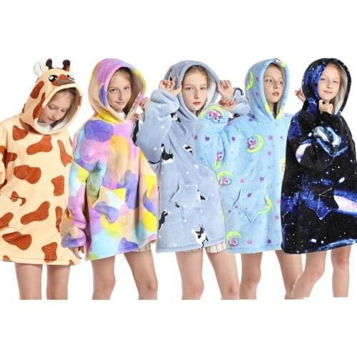 Girls Hooded Bathrobe Kigurumi Unicorn Childrens Sleepwear Baby Bath Robes Lazy Blanket Function Cotton Fleece Winter Clothes