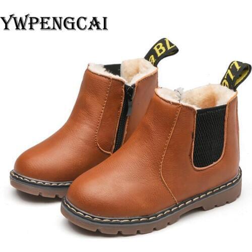 Size 21-36 Toddler Boots Vintage Style Boys Ankle Boots Warm Thick Plush Children Winter Boots Soft PU Leather Kids Boots