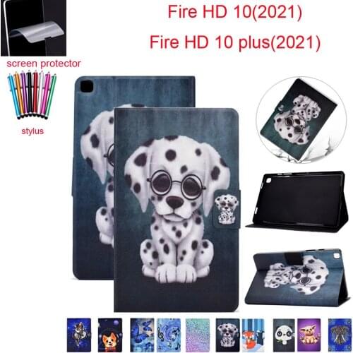 Cover For Kindle Fire HD 10 Plus 2021 Cartoon Leather Stand case For Amazon HD10 Plus 2021+screen protector+stylus