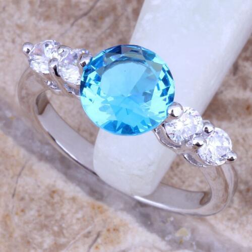 Clean Sky Blue Cubic Zirconia White CZ Silver Plated Stamped Fashion Ring Size 6 / 7 / 8 / 9 R0103
