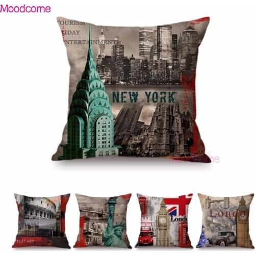 Vintage Cities Decorative Throw Pillow Covers New York London Rome Street Landmarks Sofa Cushion Cover Home Decor Car Pillows