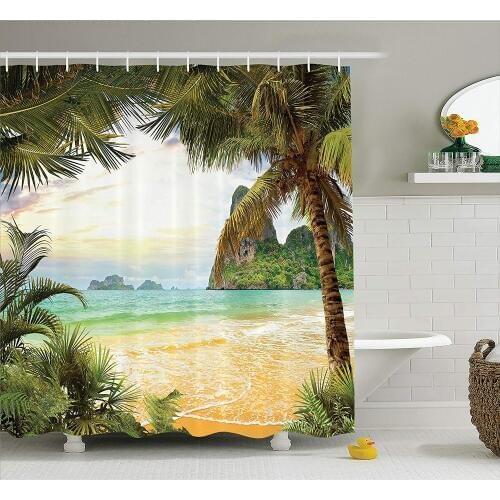 Ocean Shower Curtain Palm Coconut Trees And Ocean Waves Across Mountains On Paradise Island Beach Image Bathroom Decor