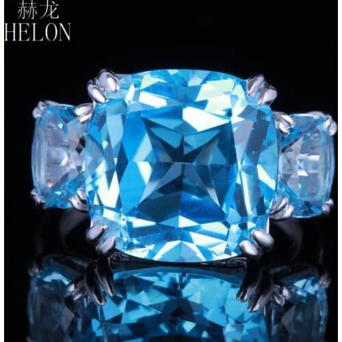 HELON Solid 10K White Gold 13.3ct Genuine Sky Blue Topaz & Diamond Engagement Wedding Party Jewelry Diamond Ring Women Best Gift