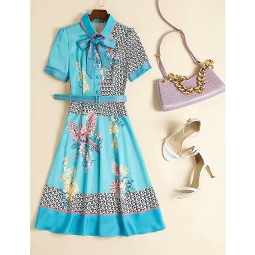 And American womens European wear 2021 summer new style Bow blue print Short sleeve lapel Fashion belt dress