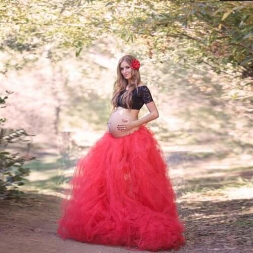 Pretty Red Pregnant Skirts Personalized Elastic Waistband Floor Length With Train Pure Tulle Ruffles Tutu Bridal Skirts Custom