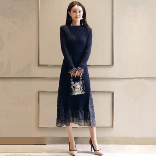 LLZACOOSH New arrive Autumn knitting chiffon Patchwork Dress Vintage Luxury Elegant Long sleeve Slim Women Casual Party Dresses
