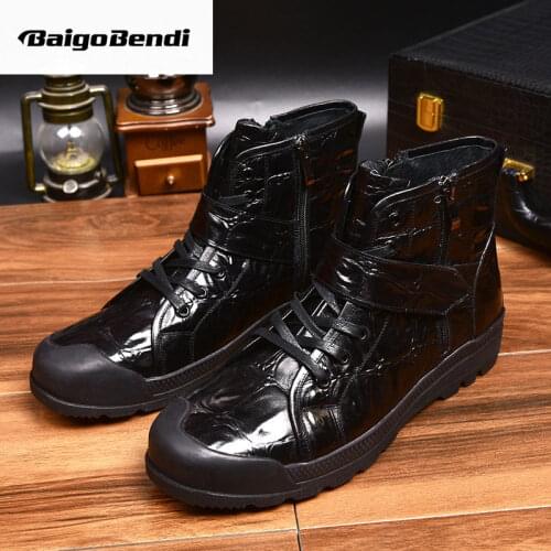 Hight End Full Grain Leather Crocodile Pattern Winter Boots Men Lace Up And Hook Loop Alligator Zip Boots Man Shoes
