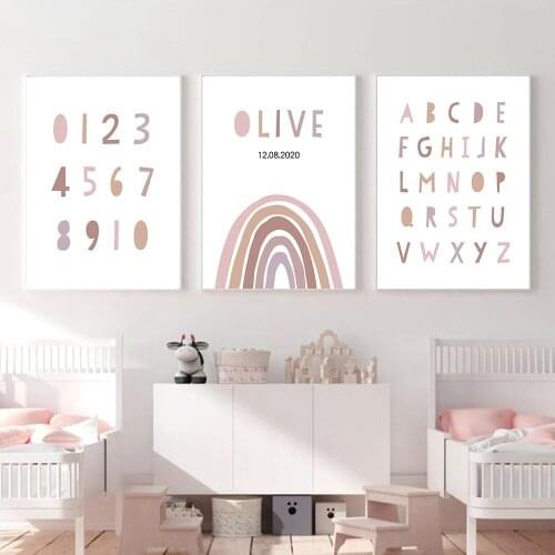 Rainbow Nursery Canvas Prints Custom Name Birth Poster ABC Alphabet Wall Art Painting Nordic Pictures Baby Kids Room Decoration