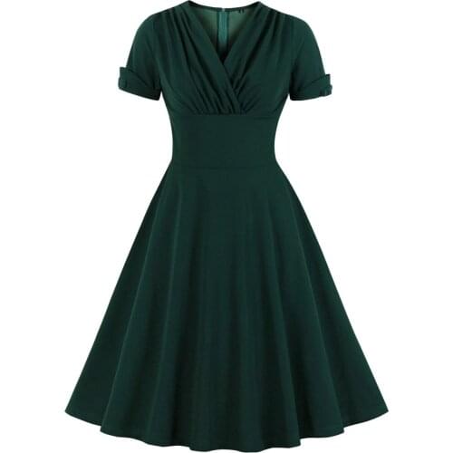 Solid Vintage Women Knee Length Party Dress 50s 60s Green Dark Red Sundress V Neck Short Sleeve A Line Swing Rockabilly Dresses