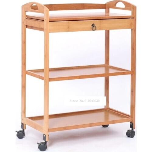 New Movable Bamboo Dining Trolley 3/4 Layer Tea Dining Cart Small Living Room Side Cabinet Beauty Salon Trolley Kitchen Shelf