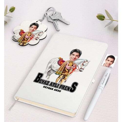 Personalized White Mounted Prince Caricature Of White Notebook pen And Keychain Gift Seti-1 Reliable Quality Gift Daily