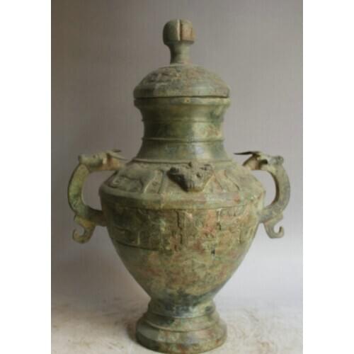 Song voge gem S2127 18" Old Chinese Bronze Folk Dragon Beast handle food vessel kettle Pot Jar Crock