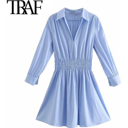 TRAF Women Fashion Pleated Striped Mini Shirt Dress Vintage Three Quarter Sleeve Elastic Waist Female Dresses Vestidos