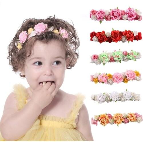 2021 Baby Girl Headbands Handmade Nylon Elastic Hair Accessories Deer Ear Flower Crown Hairband for Newborn Photography Props