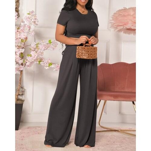 Holiday O Neck Plain Short Sleeve Corset Sexy Crop Top Plus Size Two Pieces Suits Summer Casual Clothes Long Wide Leg Pants Set
