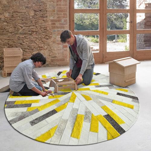 Luxury Yellow Stripe Leather Circle Cowhide Rug for Living Room Decoration Big Size Pathchwork Handwoven Cow Fur Carpet