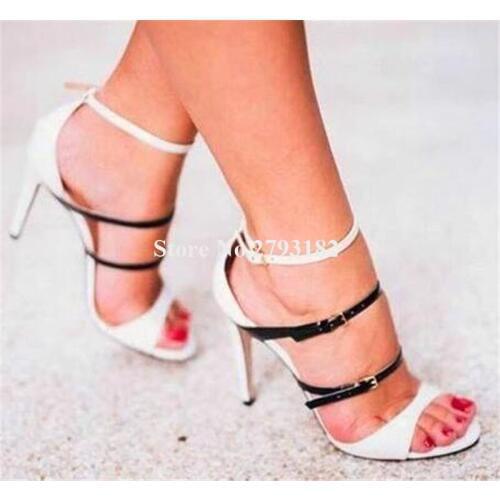 Women Elegant Fashion Open Toe Thin Straps Stiletto Heel Gladiator Sandals Buckles White High Heel Sandals Dress Heels