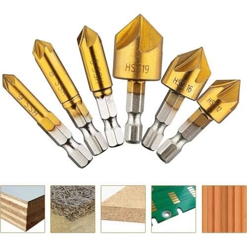 3/6pcs HSS Chamfer Countersink Chamfer Drill Bit 1/4" Hex Shank 90 Degree Wood Chamfering Cutter 6mm-19mm Countersink Drill Bits