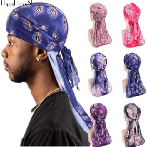 Unisex Adult Hair Accessories Print Floral Durags Long Tail Lace Up Turban Hat Headband Waps Bandanas Mens Pirate Cap Headwear