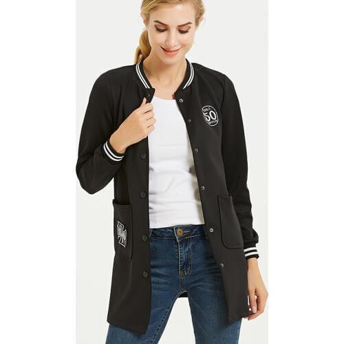 2020 Baseball Jacket Womens Spring Autumn Slim Cotton Streetwear Single Breasted O-neck Black Gray Color Long Basic Coats