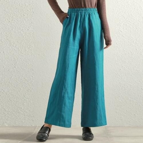 QPFJQD Ladies Elastic Waist Solid Color Linen Wide Leg Pants Retro Spring Autumn Women Flax Long Slim Trousers 2021